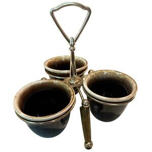 MCM Brown Drip Glaze Condiment Caddy • Wood & Metal • 3 Removable Bowls • 8”H